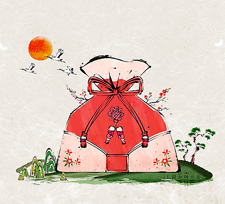 PSD 나무 식물 동물 백그라운드 일러스트 조류 새해 산 복주머니 사람없음 태양 소나무 주머니 국내일러스트 자연요소 전통소품 파일형식