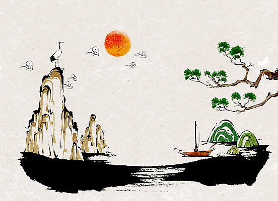 PSD 나무 식물 동물 백그라운드 일러스트 조류 새해 산 사람없음 태양 학 소나무 나룻배 선박 국내일러스트 자연요소 수상교통 배_교통 파일형식