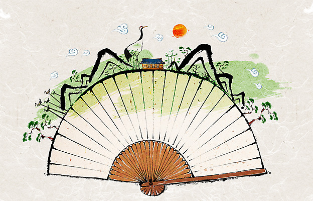 PSD 나무 식물 동물 백그라운드 일러스트 조류 새해 산 주택 기와집 사람없음 태양 학 소나무 부채 국내일러스트 자연요소 한옥 건물 파일형식