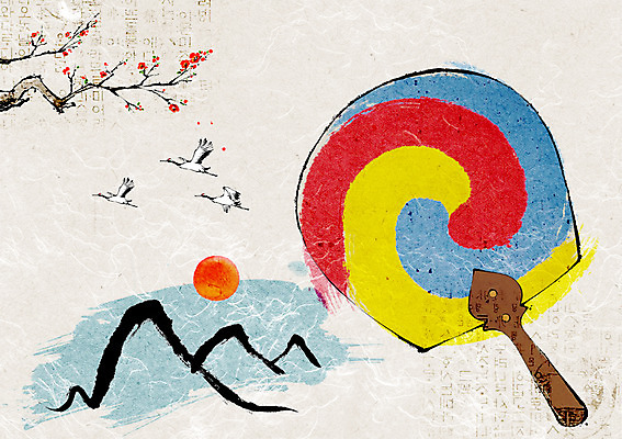 PSD 식물 동물 꽃 백그라운드 일러스트 조류 새해 산 사람없음 태양 부채 매화 사군자 국내일러스트 자연요소 동양화 파일형식