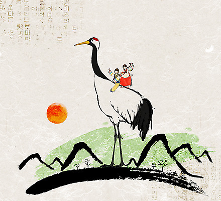 전신 PSD 동물 여자 명절 남자 어린이 백그라운드 일러스트 조류 새해 산 미소 웃음 사람 소녀 소년 두명 설날 태양 학 전통의상 한복 어린이만 국내일러스트 자연요소 한국전통 전통 기념일 표정 파일형식