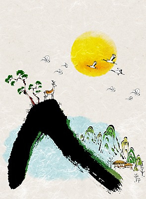 PSD 나무 식물 동물 백그라운드 일러스트 조류 사슴 새해 산 주택 초가집 사람없음 학 보름달 달 국내일러스트 자연요소 포유류 한옥 건물 파일형식