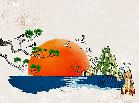 PSD 나무 식물 동물 바다 백그라운드 일러스트 조류 새해 산 해변 사람없음 태양 소나무 국내일러스트 자연요소 파일형식