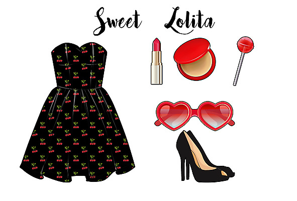 JPG 해외이미지 원피스 패션 일러스트 막대사탕 사람없음 선글라스 화장품 하이힐 엘리먼트 해외일러스트 옷 안경 구두 사탕 뷰티 여성화 파일형식 이미지허브