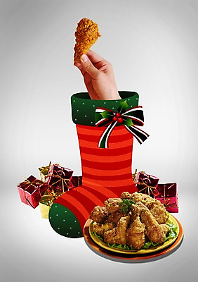 PSD 편집이미지 손 계절 기념일 음식 크리스마스 겨울 양말 선물 한명 사람 이벤트 신체부위 선물상자 치킨 프라이드치킨 닭고기 닭 크리스마스양말 이미지편집 1 크리스마스장식 조류 육류 상자 닭고기요리 파일형식