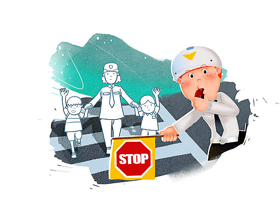 전신 PSD 여자 남자 어린이 교통 일러스트 경고 서기 안전 사람 소녀 소년 여러명 성인 횡단보도 경찰 정지 보호 호루라기 사회이슈 예방 생활안전 안전수칙 교통안전 교통경찰 스쿨존 안전요원 국내일러스트 직업 다수 컨셉 모션 보행로 파일형식