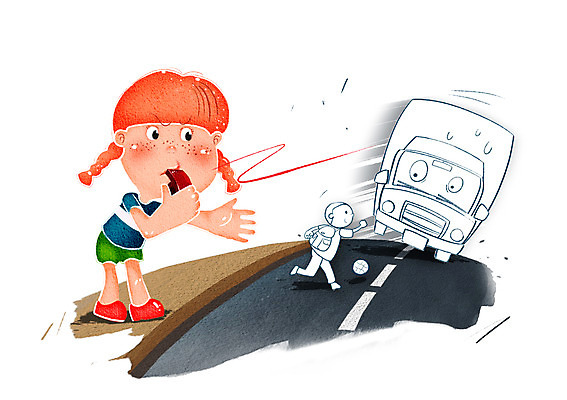 전신 PSD 여자 남자 도로 길 어린이 교통수단 교통 자동차 경고 서기 안전 사람 소녀 소년 두명 트럭 보호 사회이슈 예방 생활안전 안전수칙 교통안전 무단횡단 어린이만 무단 육상교통 컨셉 교통시설 모션 횡단 파일형식