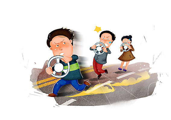 전신 PSD 여자 남자 도로 길 교통 일러스트 경고 서기 안전 사람 성인 세명 운전 운전사 보호 핸들 사회이슈 예방 생활안전 안전수칙 교통안전 난폭운전 성인만 국내일러스트 직업 컨셉 교통시설 모션 파일형식