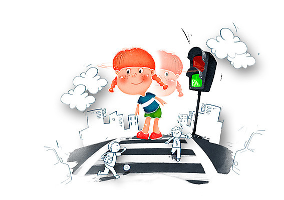 전신 PSD 구름 여자 남자 어린이 교통 교통시설 경고 서기 안전 사람 소녀 빌딩 소년 여러명 건물 횡단보도 보호 신호등 사회이슈 예방 신호 생활안전 안전수칙 교통안전 스쿨존 어린이만 자연요소 건축물 다수 컨셉 모션 보행로 시설 파일형식