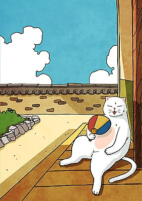 PSD 동물 캐릭터 계절 동물캐릭터 일러스트 포유류 상상 애니멀프린트 상상일러스트 사람없음 담장 판타지 고양이 마루 대청 부채 더위 부채질 일러캐릭터 날씨 한옥 바닥 반려동물 파일형식