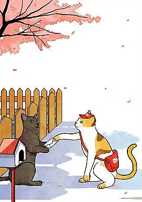 PSD 나무 식물 동물 캐릭터 동물캐릭터 일러스트 포유류 상상 애니멀프린트 상상일러스트 사람없음 울타리 담장 판타지 고양이 우체통 편지 우체부 일러캐릭터 직업 반려동물 파일형식