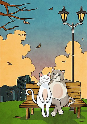 PSD 나무 식물 동물 캐릭터 커플 한쌍 동물캐릭터 잎 가로등 벤치 의자 데이트 일러스트 포유류 상상 나뭇잎 조명 애니멀프린트 상상일러스트 빌딩 사람없음 건물 판타지 노을 고양이 쌍 일러캐릭터 자연요소 건축물 공공시설 가구 관계 반려동물 파일형식