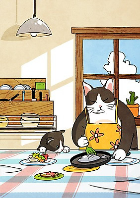 PSD 동물 캐릭터 그릇 접시 새끼 음식 동물캐릭터 일러스트 포유류 상상 주방용품 애니멀프린트 상상일러스트 요리 사람없음 판타지 주방 고양이 프라이팬 어미 일러캐릭터 식기 생활용품 반려동물 파일형식