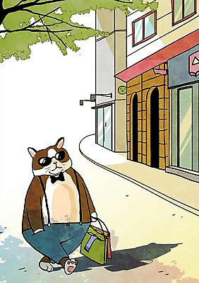 PSD 나무 식물 동물 캐릭터 길 동물캐릭터 일러스트 포유류 상상 거리 애니멀프린트 상상일러스트 사람없음 쇼핑 판타지 종이봉투 쇼핑백 상점 고양이 일러캐릭터 가방 봉투 반려동물 파일형식