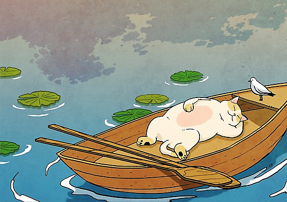 PSD 식물 동물 캐릭터 동물캐릭터 잎 일러스트 포유류 상상 갈매기 조류 애니멀프린트 상상일러스트 사람없음 판타지 고양이 잠 수면 연잎 노 선박 일러캐릭터 수상교통 물 반려동물 파일형식