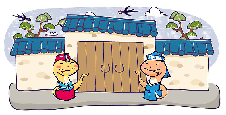 나무 식물 동물 구름 캐릭터 동물캐릭터 일러스트 파충류 조류 전통캐릭터 출입구 새해 안내 기와 사람없음 담장 문 십이지신 뱀띠 뱀 전통의상 한복 신년캐릭터 뱀캐릭터 계사년 2013년 일러캐릭터 AI파일 자연요소 한국전통 전통 연도 파일형식 벡터