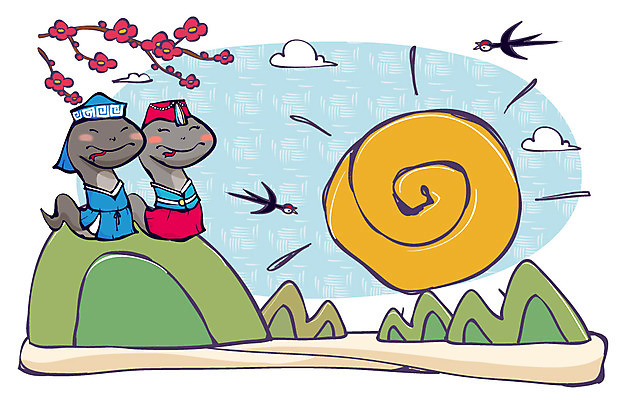 나무 식물 동물 구름 캐릭터 동물캐릭터 일러스트 파충류 조류 전통캐릭터 새해 산 사람없음 태양 십이지신 뱀띠 뱀 전통의상 한복 신년캐릭터 뱀캐릭터 계사년 2013년 일러캐릭터 AI파일 자연요소 한국전통 전통 연도 파일형식 벡터