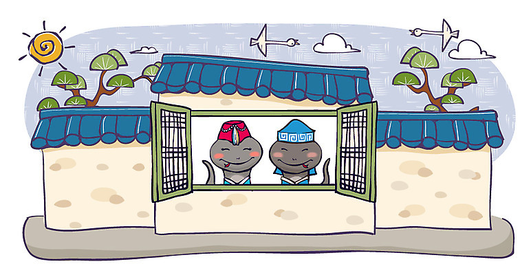 나무 식물 동물 구름 캐릭터 동물캐릭터 일러스트 창문 파충류 조류 전통캐릭터 새해 기와 사람없음 담장 태양 문 십이지신 뱀띠 뱀 전통의상 한복 신년캐릭터 뱀캐릭터 계사년 2013년 일러캐릭터 AI파일 자연요소 한국전통 전통 연도 파일형식 벡터