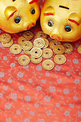 포토 JPG 스튜디오촬영 백그라운드 돈 새해 실내 사람없음 금융 경제 동전 저축 돼지저금통 저금통 천 오브젝트 엽전 금돼지 국내포토 내부 직물 돼지 재산 파일형식