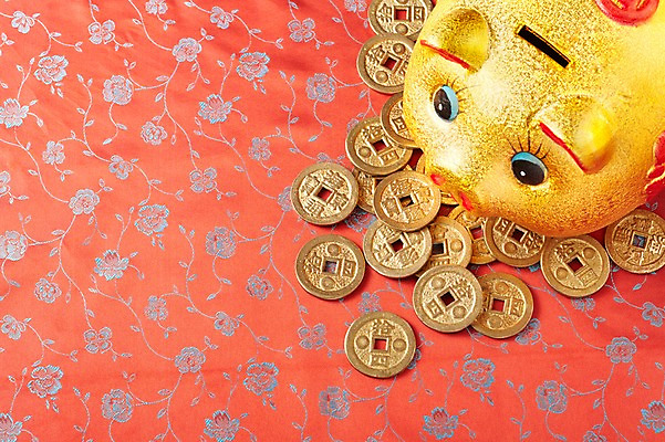 포토 JPG 스튜디오촬영 백그라운드 돈 새해 실내 사람없음 금융 경제 동전 저축 돼지저금통 저금통 천 오브젝트 엽전 금돼지 국내포토 내부 직물 돼지 재산 파일형식