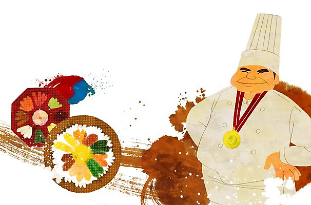 PSD 남자 한식 음식 일러스트 한국 한명 서기 사람 상반신 성인 요리사 파이팅 희망 우승 자신감 수상_상을받음 목표 상 열정 비빔밥 금메달 남자만 남자한명만 성인남자만 성인만 국내일러스트 직업 1 감정 아시아 컨셉 모션 최고 상패 메달 파일형식