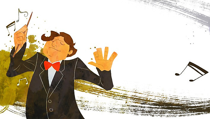 PSD 남자 음악 음표 일러스트 한국 한명 서기 사람 상반신 성인 파이팅 희망 자신감 목표 열정 지휘봉 지휘자 지휘 남자만 남자한명만 성인남자만 성인만 국내일러스트 1 기호 감정 아시아 컨셉 모션 문화예술 음악가 파일형식