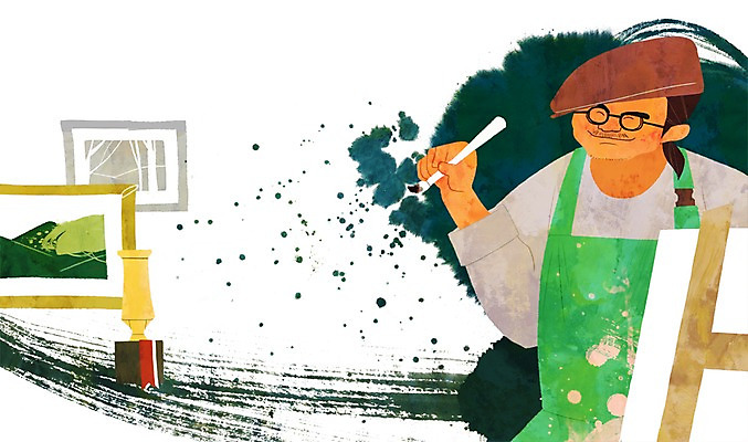 PSD 남자 액자 일러스트 프레임 한국 틀 한명 사람 앉기 상반신 성인 파이팅 희망 붓 자신감 그리기 목표 이젤 그림 열정 화가 남자만 남자한명만 성인남자만 성인만 국내일러스트 직업 1 감정 아시아 컨셉 모션 미술도구 파일형식