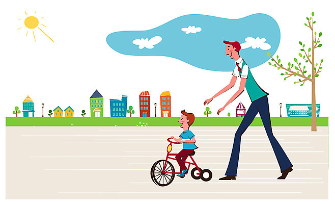 전신 나무 식물 라이프스타일 남자 아들 어린이 교통수단 일러스트 가족 놀이 미소 웃음 사람 빌딩 소년 성인 두명 건물 라이프 부모 태양 자전거 화목 육아 자녀 도움 아빠 육아라이프 남자만 육아대디 싱글대디 한부모가족 국내일러스트 AI파일 자연요소 건축물 교통 컨셉 관계 표정 생활 바이크 파일형식 벡터