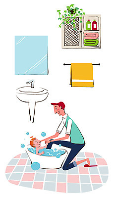 전신 식물 라이프스타일 남자 아들 잎 일러스트 가족 미소 웃음 사람 성인 두명 라이프 부모 수건 화목 목욕 거울 육아 자녀 아기 도움 아빠 세면대 화장실 서랍장 대야 육아라이프 남자만 남성육아휴직 육아대디 싱글대디 한부모가족 국내일러스트 AI파일 가구 컨셉 관계 표정 생활 위생용품 청결 파일형식 벡터 육아휴직