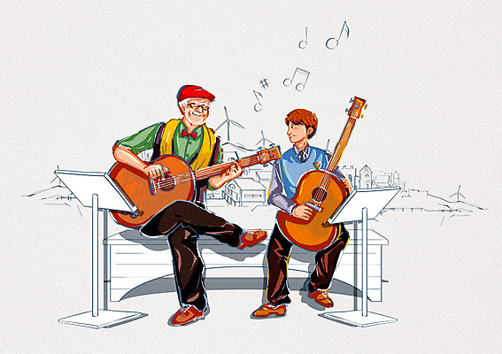 PSD 직업 캐릭터 라이프스타일 할아버지 노년 남자 악기 음악 연주 일러스트 현악기 미소 웃음 사람 앉기 성인 두명 라이프 실버라이프 기타 실버 보면대 열정 일자리 실버취업 남자만 성인남자만 노인만 성인만 노인남자만 일러캐릭터 감정 비즈니스 모션 문화예술 표정 생활 구직 파일형식