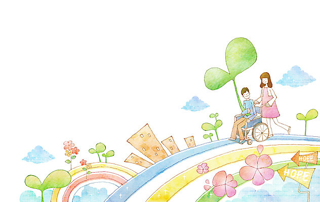 전신 PSD 식물 구름 여자 남자 꽃 무지개 일러스트 상상 알림판 상상일러스트 미소 웃음 사람 빌딩 성인 두명 건물 판타지 새싹 희망 팻말 표지판 휠체어 소통 성인만 국내일러스트 자연요소 건축물 감정 컨셉 프레임 표정 파일형식