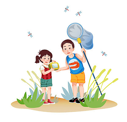 전신 식물 동물 학생 여자 교육 남자 초등학생 어린이 곤충 백그라운드 일러스트 서기 미소 웃음 사람 소녀 소년 두명 스쿨라이프 풀 잠자리 곤충채집 채집망 어린이만 국내일러스트 AI파일 라이프스타일 학교 모션 표정 수집 파일형식 벡터