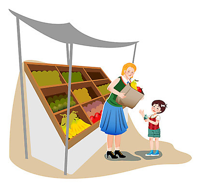 전신 학생 여자 교육 초등학생 어린이 백그라운드 과일 일러스트 서기 미소 웃음 사람 소녀 성인 두명 판매 상점 구매 과일가게 심부름 여자만 국내일러스트 AI파일 모션 표정 쇼핑 파일형식 벡터