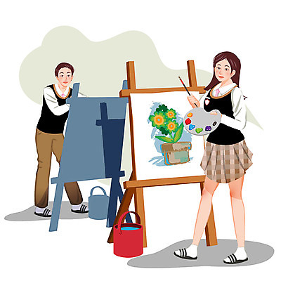 전신 학생 여학생 여자 교육 남자 교복 남학생 백그라운드 일러스트 청소년 고등학생 수업 미술 서기 미소 웃음 사람 두명 스쿨라이프 물감 붓 그리기 팔레트 물통 이젤 그림 미술교육 십대만 국내일러스트 AI파일 라이프스타일 옷 학교 모션 문화예술 표정 미술도구 파일형식 벡터