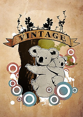 PSD 나무 식물 동물 리본 새끼 백그라운드 잎 일러스트 포유류 사람없음 장식 빈티지 어미 빈티지배경 코알라 국내일러스트 컨셉 파일형식