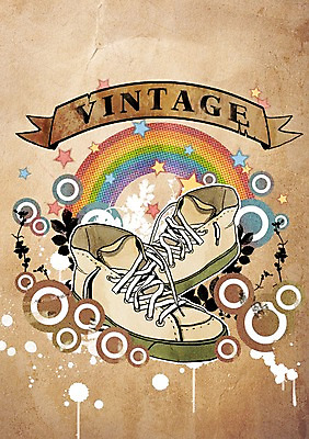 PSD 식물 잡화 리본 백그라운드 운동화 신발 무지개 잎 일러스트 사람없음 장식 빈티지 빈티지배경 국내일러스트 자연요소 컨셉 파일형식