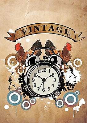 PSD 식물 동물 리본 시계 백그라운드 잎 일러스트 조류 사람없음 장식 자명종 알람 시간 닭 빈티지 빈티지배경 국내일러스트 컨셉 파일형식