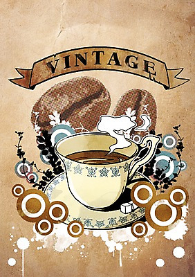 PSD 식물 리본 커피 백그라운드 잎 일러스트 재료 잔 콩 사람없음 장식 컵 원두 빈티지 차 커피잔 각설탕 원료 빈티지배경 국내일러스트 식기 음료 컨셉 곡류 설탕 파일형식