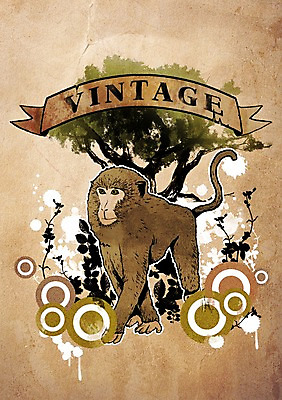 PSD 나무 식물 동물 리본 백그라운드 잎 일러스트 포유류 사람없음 장식 원숭이 빈티지 빈티지배경 국내일러스트 컨셉 파일형식