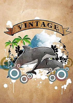 PSD 나무 식물 동물 리본 백그라운드 잎 일러스트 포유류 사람없음 장식 야자수 바다동물 빈티지 고래 돌고래 빈티지배경 국내일러스트 바다 컨셉 수중동물 파일형식