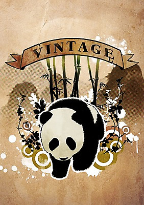 PSD 나무 식물 동물 리본 백그라운드 잎 일러스트 곰 포유류 사람없음 장식 빈티지 판다 대나무 빈티지배경 국내일러스트 컨셉 파일형식