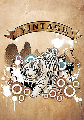 PSD 식물 동물 리본 백그라운드 잎 일러스트 포유류 사람없음 장식 빈티지 호랑이 빈티지배경 국내일러스트 컨셉 파일형식