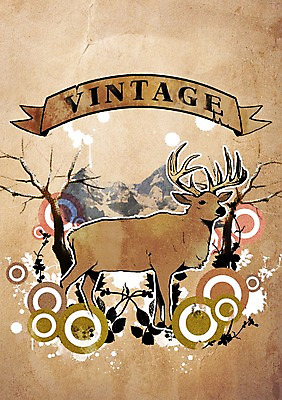 PSD 나무 식물 동물 리본 백그라운드 잎 일러스트 포유류 사슴 뿔 사람없음 장식 빈티지 빈티지배경 순록 국내일러스트 컨셉 파일형식