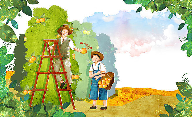 전신 PSD 나무 식물 모자 웰빙 남자 어린이 잎 과일 일러스트 사다리 서기 들기 사람 소년 두명 농작물 농장 바구니 숲 과수원 친환경 유기농 밀짚모자 오렌지나무 남자만 남자한명만 어린이만 소년만 소년한명만 국내일러스트 모자_잡화 잡화 농업 모션 환경 도구 파일형식