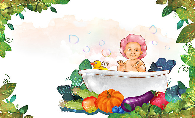 PSD 식물 웰빙 잎 채소 과일 일러스트 호박 가지 오리 욕조 한명 사람 상반신 농작물 장난감 목욕 거품 물방울 아기 사과 친환경 유기농 블루베리 아기만 국내일러스트 1 농업 조류 환경 청결 파일형식