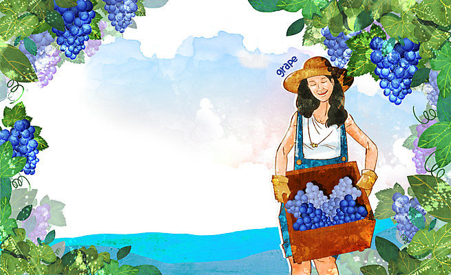 PSD 식물 모자 웰빙 여자 열매 장갑 잎 과일 일러스트 하늘 포도 한명 서기 웃음 들기 사람 상반신 성인 농작물 상자 친환경 유기농 여자만 여자한명만 성인여자만 성인만 국내일러스트 1 잡화 농업 모션 표정 환경 파일형식