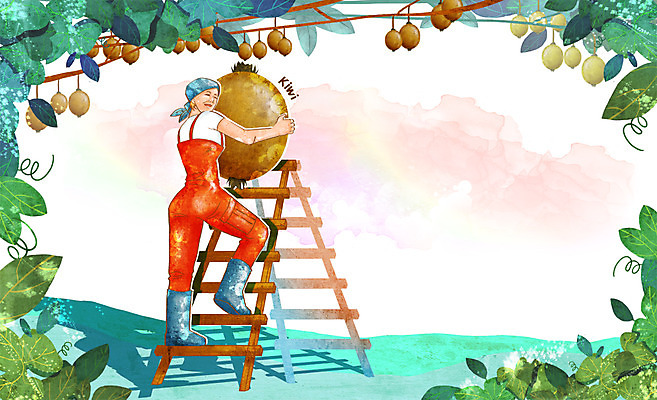 전신 PSD 식물 웰빙 여자 열매 잎 과일 일러스트 사다리 하늘 키위 작업복 두건 한명 서기 웃음 들기 사람 성인 농작물 농장 친환경 유기농 여자만 여자한명만 성인여자만 성인만 국내일러스트 1 옷 농업 모션 표정 환경 도구 파일형식