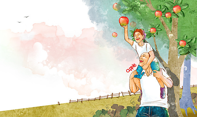 PSD 식물 웰빙 열매 남자 아들 어린이 과일 일러스트 가족 하늘 웃음 들기 사람 소년 잔디 상반신 성인 두명 농작물 울타리 농장 손들기 목말 아빠 사과 과수원 친환경 유기농 사과나무 부자지간 남자만 국내일러스트 나무 농업 관계 모션 표정 담장 환경 파일형식