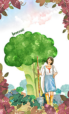 전신 PSD 식물 웰빙 여자 잎 채소 일러스트 하늘 작업복 장화 한명 서기 웃음 사람 성인 농작물 농장 앞치마 도구 브로콜리 삽 친환경 유기농 여자만 여자한명만 성인여자만 성인만 국내일러스트 1 옷 신발 농업 모션 표정 환경 파일형식