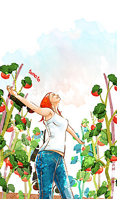 PSD 식물 웰빙 여자 열매 잎 밭 토마토 채소 과일 일러스트 하늘 팔벌리기 한명 사람 손짓 상반신 성인 농작물 농장 나뭇가지 친환경 유기농 여자만 여자한명만 성인여자만 성인만 국내일러스트 나무 1 농업 모션 환경 파일형식